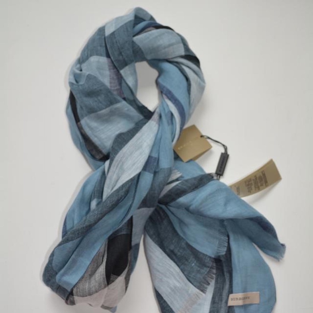 NWT BURBERRY GIANT EXPLODED CHECK LINEN LARGE CRINKLE SCARF